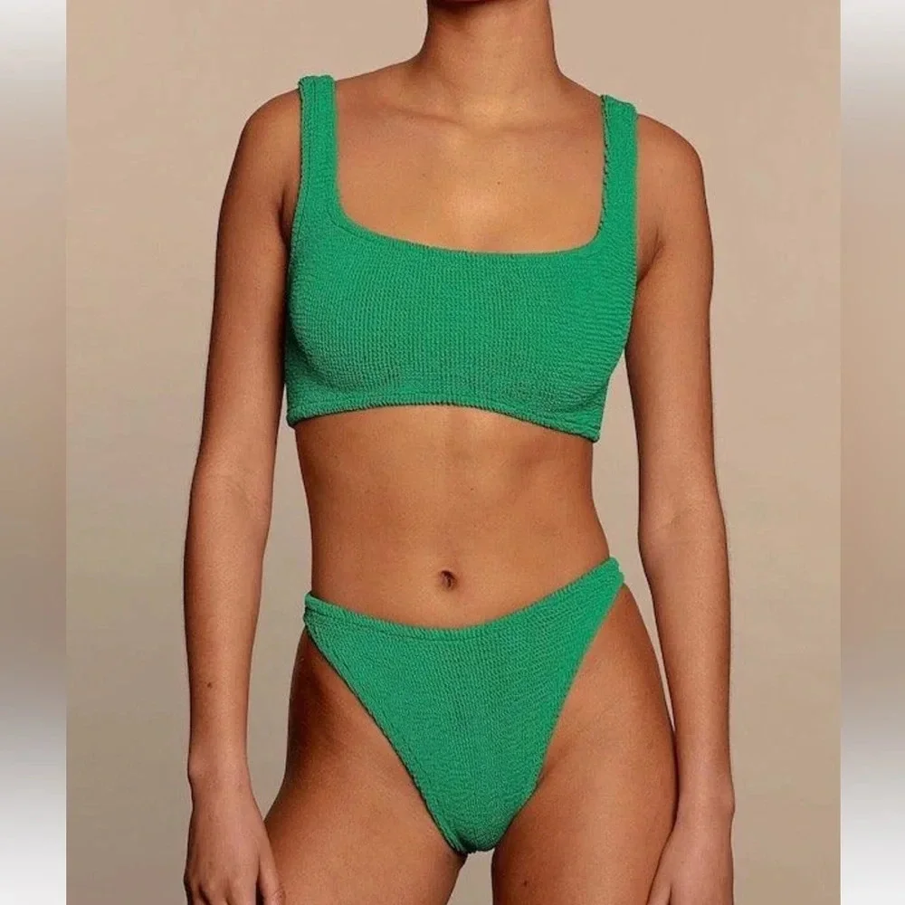 Hunza G Xandra Bikini SET Green Emerald Revolve Crinkle Stretchy Swimwear
